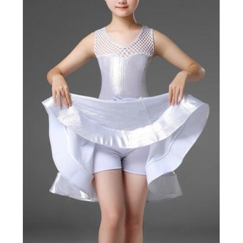 White colored girls latin dance dresses gymnastics competition salsa rumba chacha dance dress skirts 